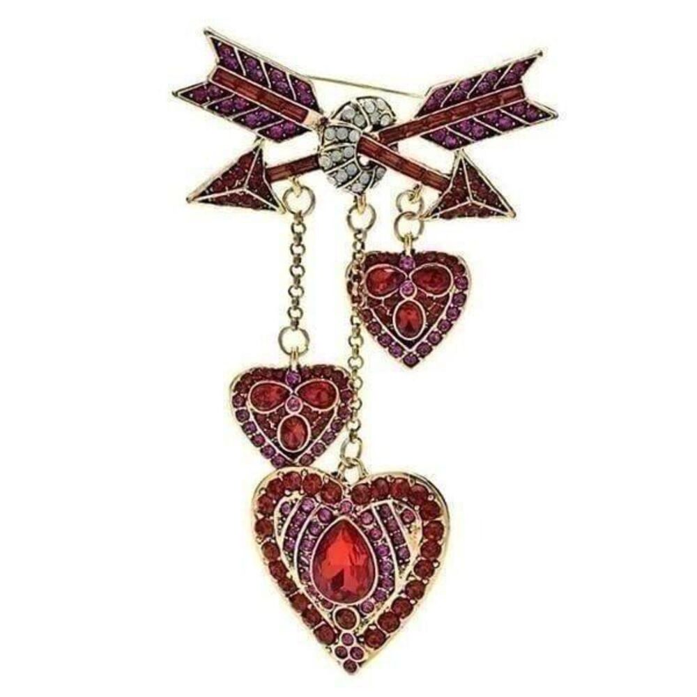 RED & PINK CRYSTAL ARROWS THROUGH HEART DANGLING VALENTINE LOVE BROOCH PIN ❤️